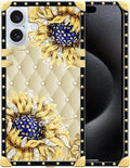 Compatible with iPhone 16 Case, Sunflower Diamonds Leather Luxury Golden Decoration for Girl Women Soft TPU Shockproof Protective Hard PC Back for iPhone 16