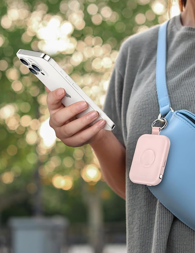 RORRY Portable Charger, 5000mAh Portable Charger Power Bank with Built-in Cables, Travel Keychain Battery Pack for Apple Watch Ultra/11/10/9/8/7/6/SE, iPhone Air/17/16/15/14/13/12, Pink