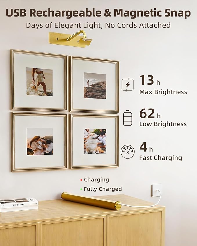 EZVALO 13in Wireless Picture Lights, 4000mAh Rechargeable Art Light with Remote, Dimmable 3 Color Temps, Battery Operated Wall Light for Living Room, Gallery, Painting (Gold, 3 Pack)