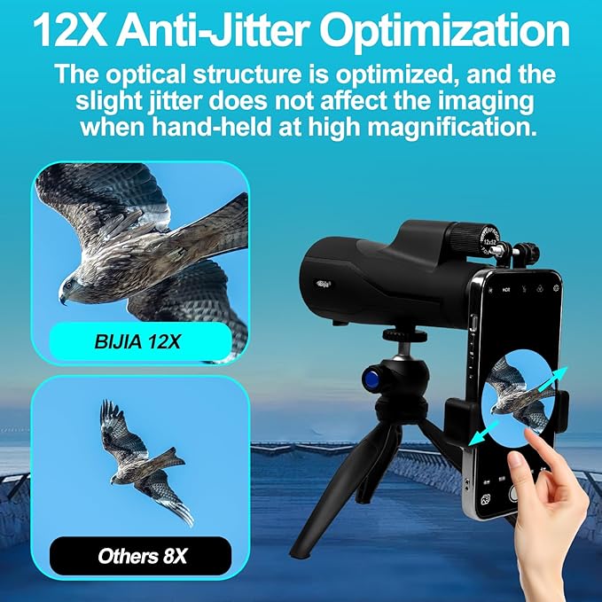 BIJIA 12x52 ED Monocular Telescope with Tripod & Phone Adapter – BAK4 Prism, Fully Multi-Coated Lens, Waterproof High Power Scope for Bird Watching, Hunting & Travel