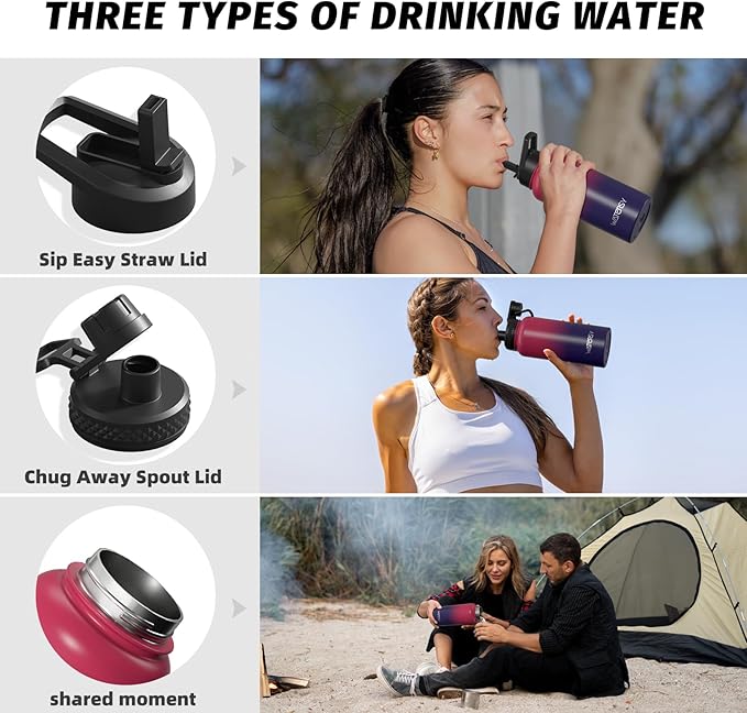32oz Insulated Water Bottle (Cold for 48 Hrs),BPA Free&Leak Proof,Stainless Steel Water Flask,Water Jug with Straw Spout Lids for Gym,Hiking,Travel,Red Purple
