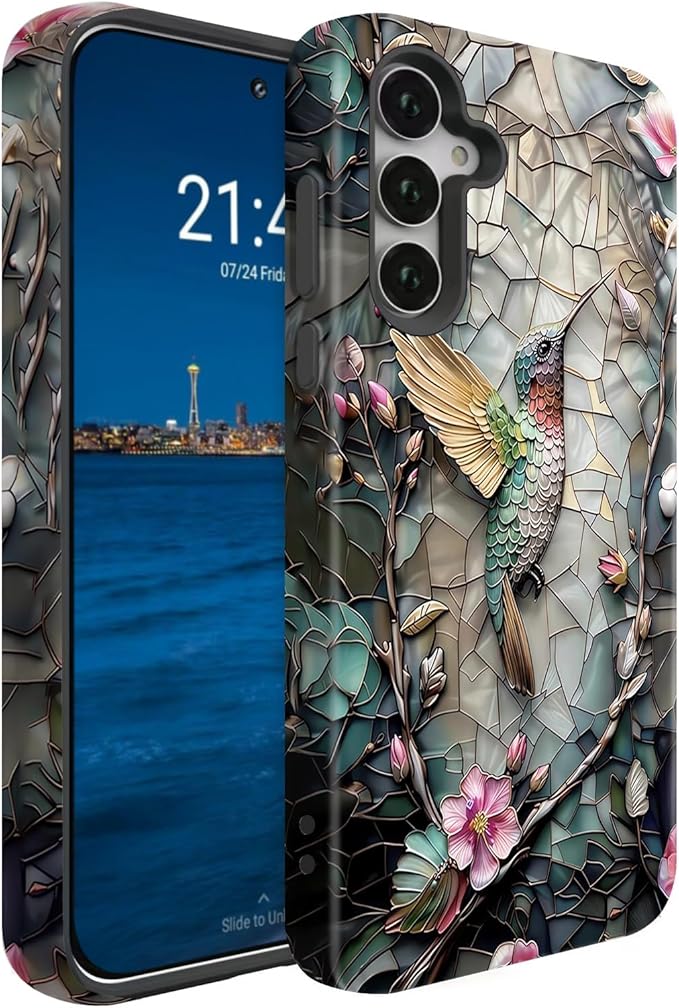 Compatible for Samsung Galaxy S25 Ultra 5G Case, Dual Layer Heavy Duty 2 in 1 Shockproof Protective Phone Case,Stained Glass Hummingbird Floral