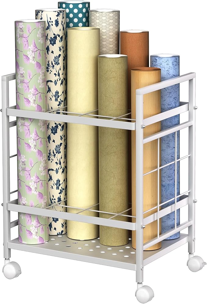 GIOTORENT Blueprint Storage Rack, Blueprint Holder with Wheels, Used for Storing Map/Poster/Blueprint/Architectural Construction Plan, 12 Slots, 2 Brakes, Silent Wheel for Home, Office, School(White)