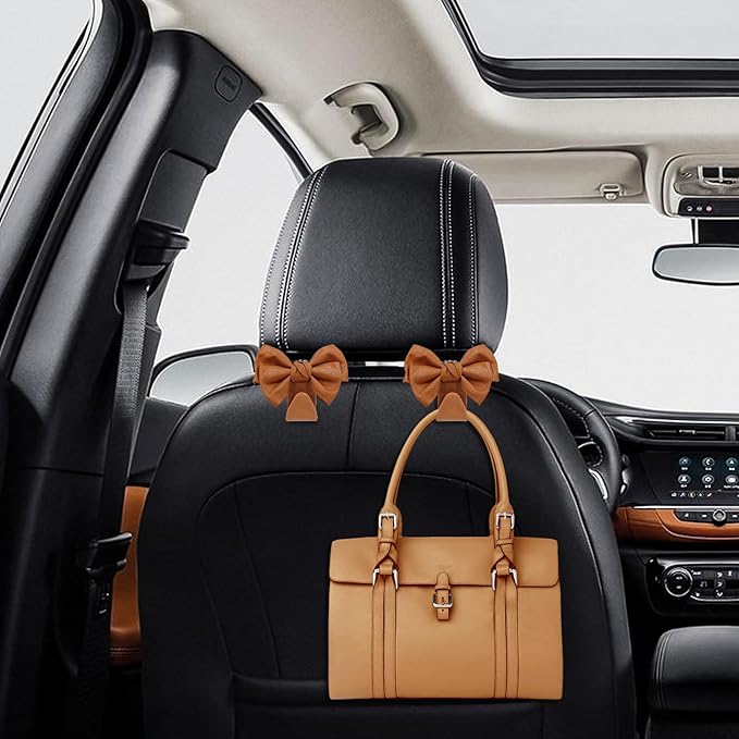 2PCS Car Hooks for Purses and Bags, Cute Bow Car Seat Headrest Hook, Car Accessories Multipurpose Back Seat Hanger Storage Organize Universal for Vehicles (2PCS-Brown Bowknot)