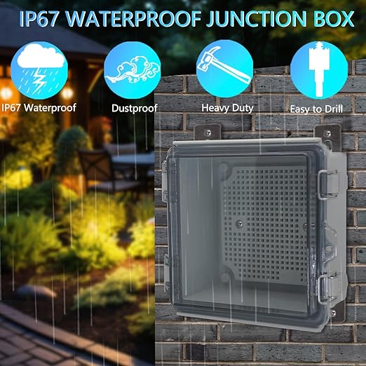IP67 Waterproof Junction Box, ABS Plastic Electrical Enclosure with Stainless Steel Latch, Hinged Cover Electric Box with Mounting Plate, Wall Brackets & Cable Glands 350x250x150