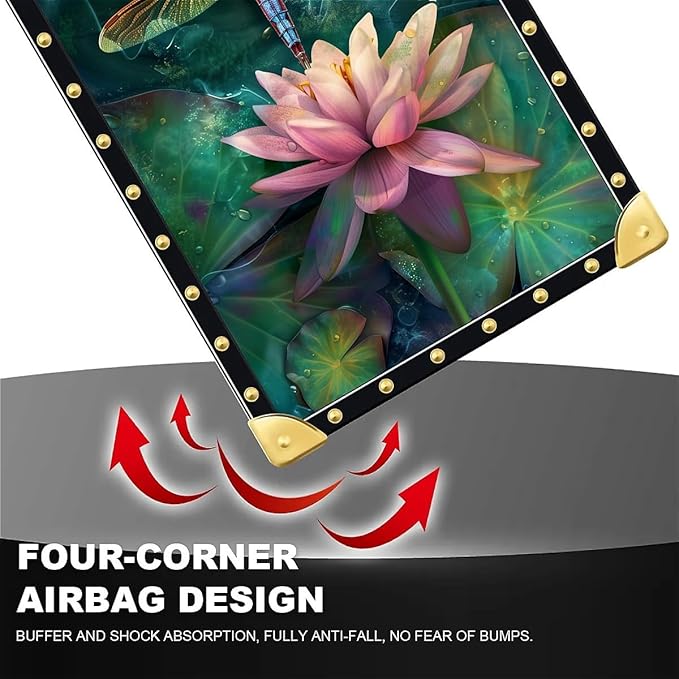 Compatible with iPhone 13 Pro Max Case, Colourful Dragonfly Pink Lily Pads Luxury Golden Decoration for Girl Women Soft TPU Shockproof Protective Hard PC Back for iPhone 13 Pro Max