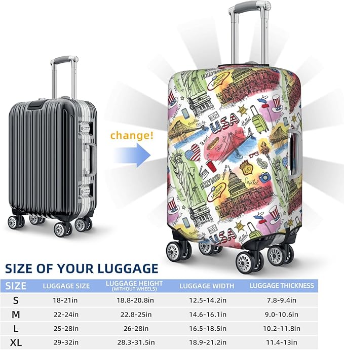 USA Landmarks Print Elastic Luggage Cover, Suitcase Protector For Travel (Fits 18-21 Inch Luggage)