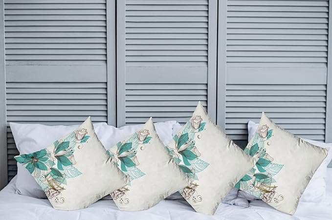 Ambesonne Turquoise Throw Pillow Cushion Case Pack of 4, Flowers Buds Leaf at The top Left Corner Season Celebrating Theme, Modern Accent Double-Sided Digital Printing, 18", Teal Brown