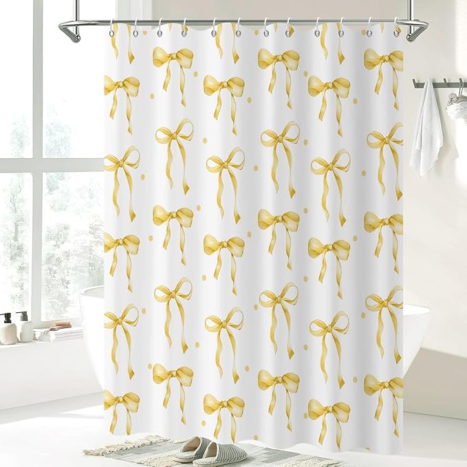 Yellow Bow Shower Curtain, Yellow and White Modern Aesthetic Bowknot with Polka Dot Cute Girly Bathroom Curtain Waterproof Fabric Machine Washable with Hooks, 72" Wx84 L