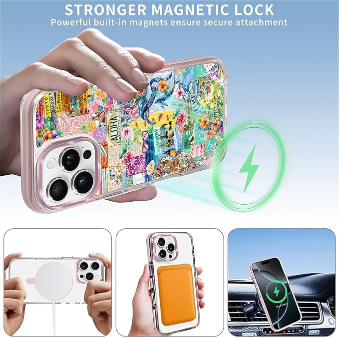 Case for iPhone 16 Pro,[Compatible with MagSafe],Hawaii Aloha Cover Coastal Beach Collage Phone Case Design，for Women Girls Magnetic Clear Cover - Slim, Sleek, & Shockproof Protection