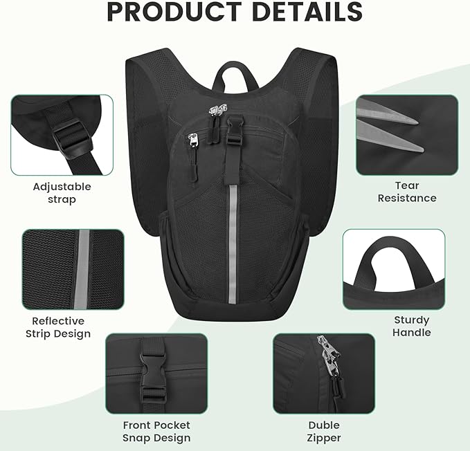 Small Hiking Backpack 15L- Lightweight Packable Foldable Backpack for Travel Camping Outdoor Commute, Compact Rucksack for Women Men(Black)