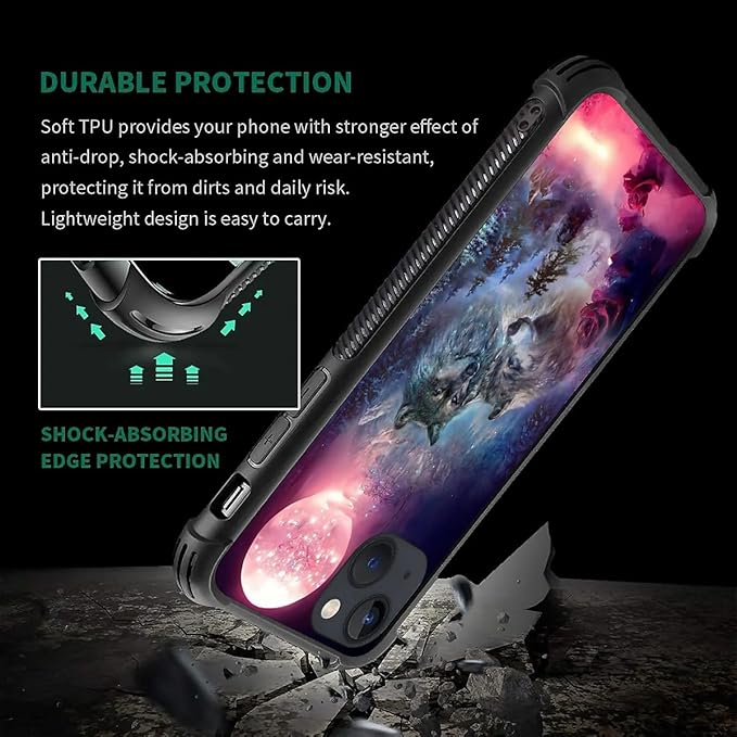 for iPhone 14 Case, Star Two Wolfs Howling Pattern Graphic Design Girl Boy Soft Silicone Hard Acrylic Shock Protection for iPhone 14