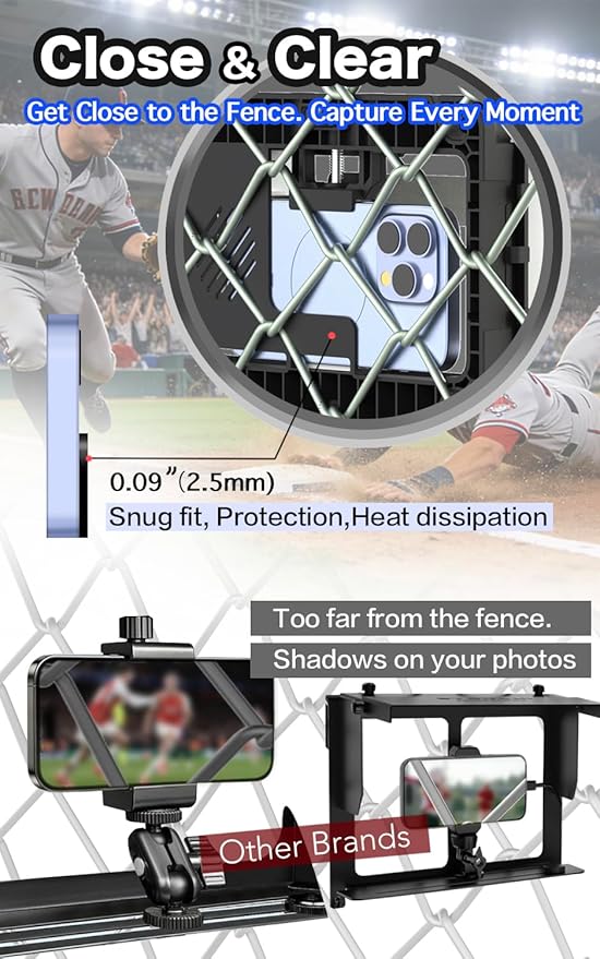 Phone Fence Mount with Shade & Cooling Fan - Gamechanger Streaming Kit for Baseball, Softball & Tennis - No Fence Bars in Frame (Phone Closer & Wider View)