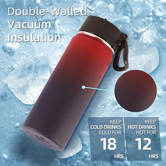 Volhoply 18oz Kids Insulated Water Bottle,Stainless Steel Water Bottles with Straw Lid,Double Wall Vacuum Metal Sports Water Flask,Wide Mouth Reusable Travel Cups For Cold Drink(Red Purple,1 Set)