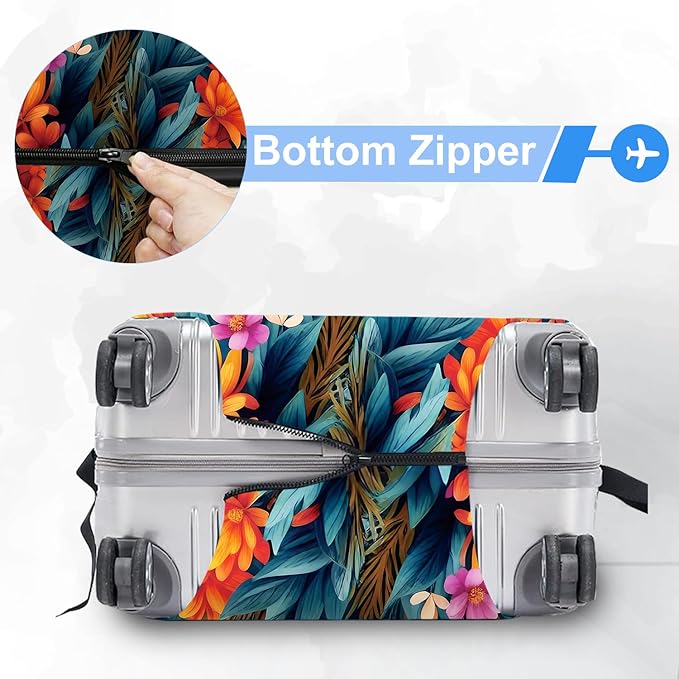 ANNA QUEEN Boho Floral Luggage Cover,Spring Orange Flower Pattern Suitcase Protector,Stretchable,Washable & Water Resistant, Universal Fit for 20-22 Inch Checked Baggage