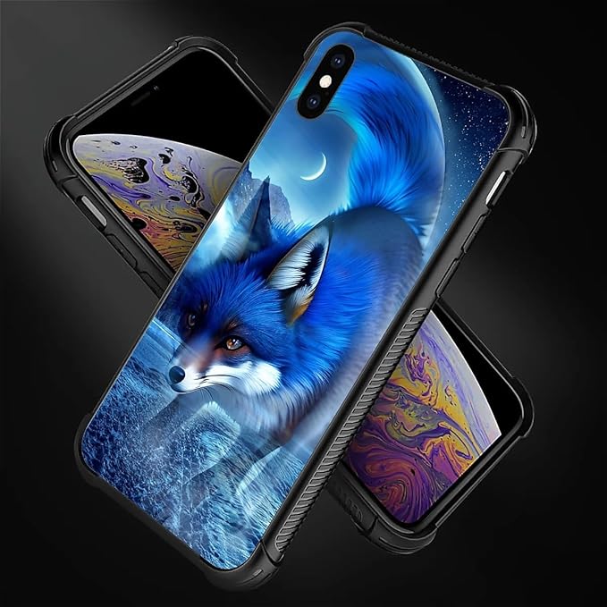 for iPhone X/Xs Case, Snowy Mountain Fox Lake Pattern Graphic Design Girl Boy Soft Silicone Hard Acrylic Shock Protection for iPhone X/Xs