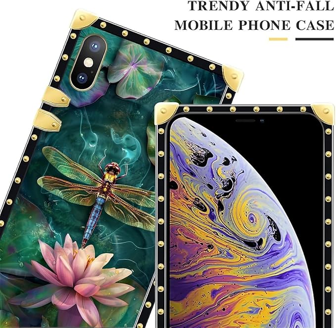 Compatible with iPhone XR Case, Colourful Dragonfly Pink Lily Pads Luxury Golden Decoration for Girl Women Soft TPU Shockproof Protective Hard PC Back for iPhone XR