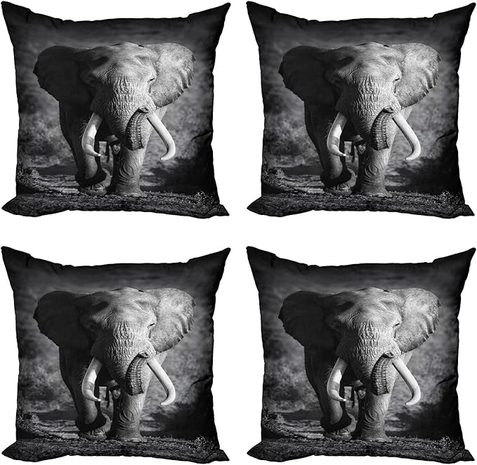 Ambesonne Elephant Throw Pillow Cushion Case Pack of 4, Majestic Elephant Bull Approaching Photo Exotic Wild Habitat Mammal Art Print Safari, Modern Accent Double-Sided Digital Printing, 24", Dimgrey