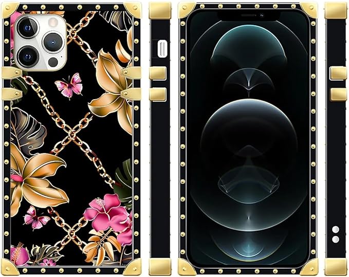 Compatible with iPhone 12 12 Pro Case, Pink Golden Chain Tropical Flower Luxury Golden Decoration for Girl Women Soft TPU Shockproof Protective Hard PC Back for iPhone 12 12 Pro