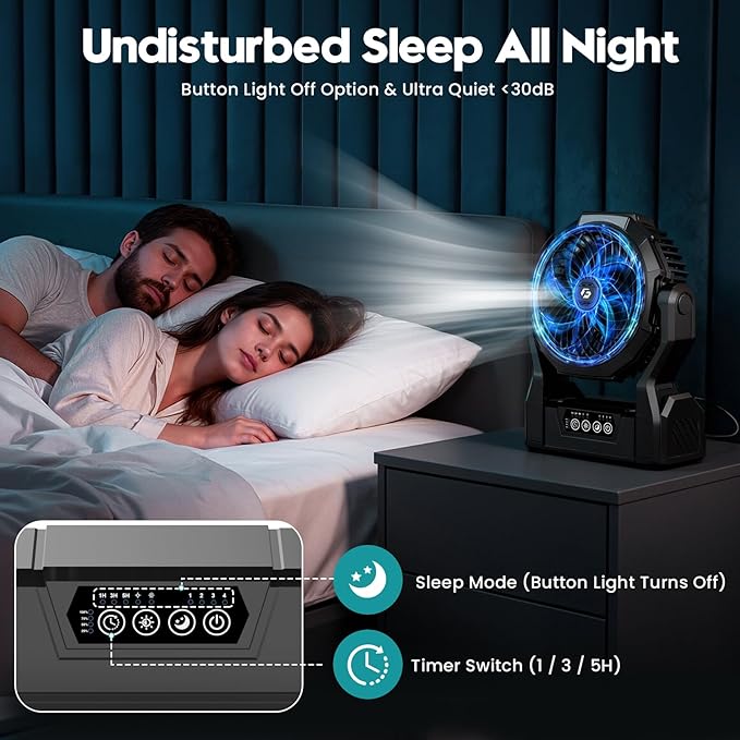 XZK Camping Fan, 20000mAh Rechargeable Battery Powered Fan with LED Lantern, Cordless Portable Tent Fan with Hanging Hook, 4 Speeds 2 Brightness Levels for Home Desk Outdoor - Dark Black