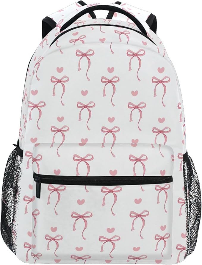 Wamika Pink Bow Girls Backpack Cute Heart Bowknot Ribbon School Backpacks Kids Preschool Book Bag