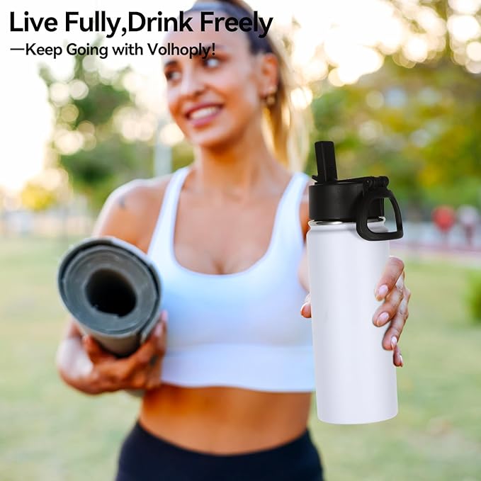 Volhoply 18oz Insulated Water Bottle Bulk 2 Pack,Kids Stainless Steel Water Bottles with Straw Lid,Double Wall Vacuum Metal Bottle,Wide Mouth Reusable Sports Flask for Cold Drink(White,2 Set)