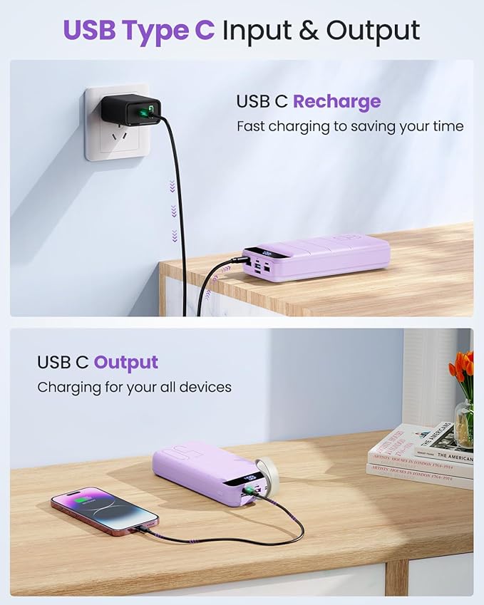 Power Bank Fast Charging 50000mAh - 22.5W Portable Charger USB C Quick Charge with 4 Outputs & 3 Inputs LED Display Huge Capacity External Battery Pack for iPhone, Samsung, iPad etc Purple