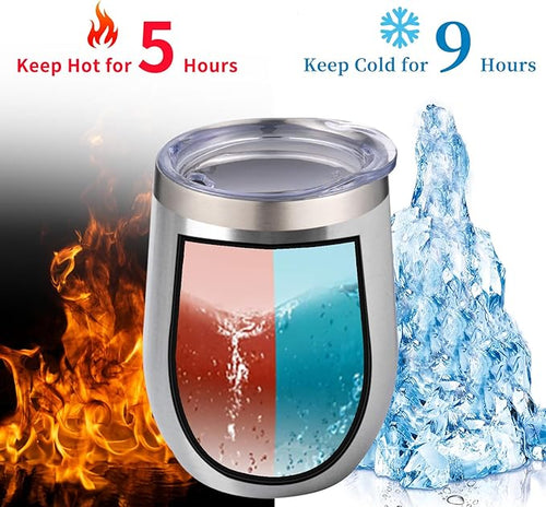 12oz/4 Pack Wine Tumbler Glasses with Lid Stemless Double Wall Vacuum Stainless Steel Travel Tumbler Keeping Cold & Hot for Wine,Coffee,Cocktails,Christmas Drinks-Family and Gifts(4 Pack-Sliver)