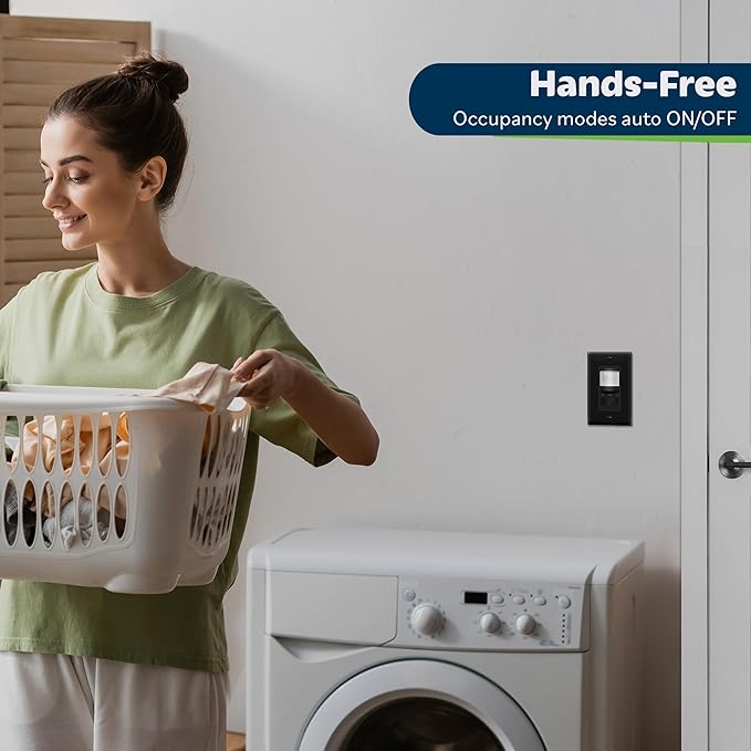 TOPGREENER in Wall PIR Motion Sensor Light Switch, Occupancy Sensor Switch, 𝐍𝐞𝐮𝐭𝐫𝐚𝐥 𝐖𝐢𝐫𝐞 𝐑𝐞𝐪𝐮𝐢𝐫𝐞𝐝, On/Off Override, 𝐒𝐢𝐧𝐠𝐥𝐞 𝐏𝐨𝐥𝐞, 4A, 500W, TSOS5-BKWP,Black,4 Pack