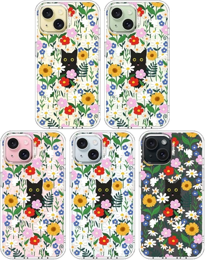 MOSNOVO Case for iPhone 15, [Buffertech 6.6ft Military-Grade Drop Protection] [Anti Peel Off Tech] Clear TPU Bumper Phone Case Cover Design - Black Cat in Garden