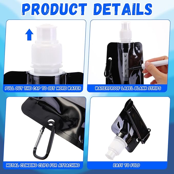 Teenyyou 48 Pack Collapsible Water Bottles Bulk 16oz Foldable Water Bottles with Carabiner Reusable Drinking Leak Proof Container Bags for Sport Biking Hiking Camping Travel Outdoor (Black)