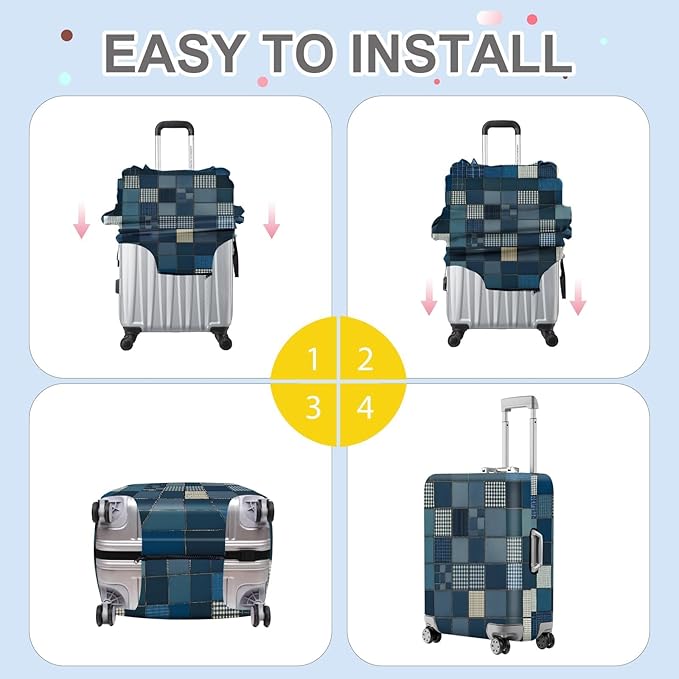 ANNA QUEEN Blue Patchwork Luggage Cover, Modern Grid Suitcase Protector, Stretchable Washable Cover for 32-34 Inch Luggage