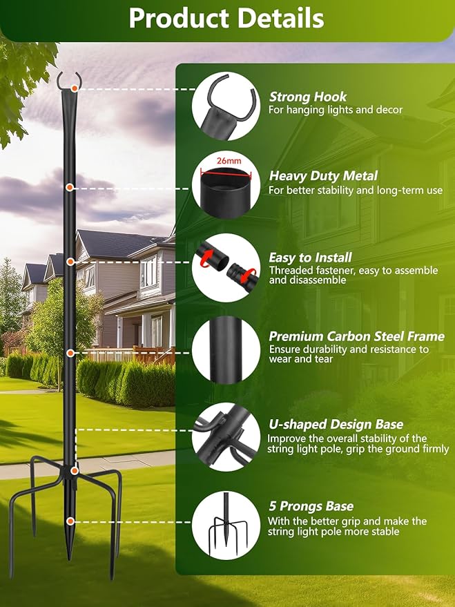 String Light Poles for Outside 4 Pack, 10ft Metal Outdoor String Light Poles for Deck - Ideal for Patio, Garden, Yard, Front Porch Decorations, Black