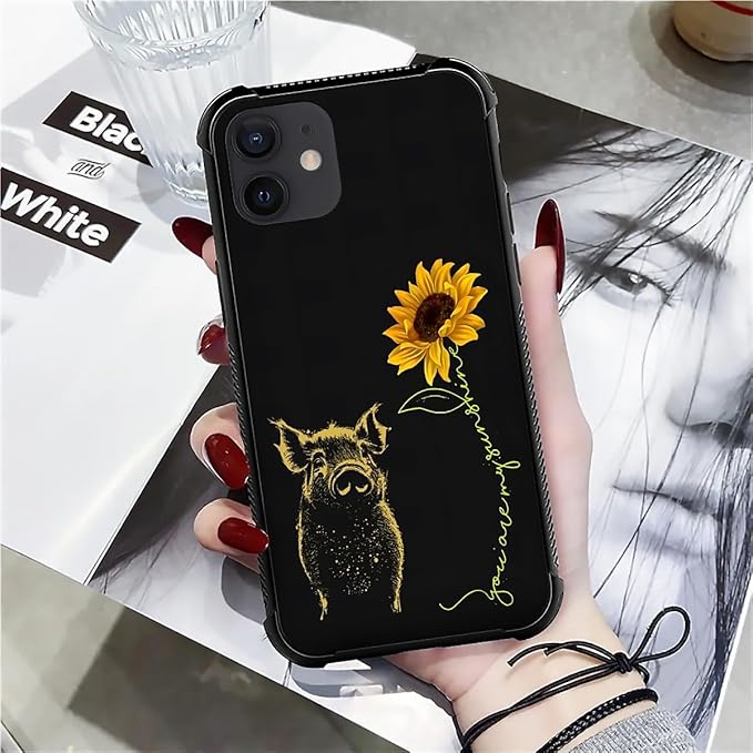 for iPhone 12 Mini Case, Pig Sunflower Yellow Sunshine Pattern Made of Soft Silicone Hard Acrylic Shock Protection for iPhone 12 Mini