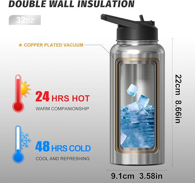 32oz Insulated Water Bottle (Cold for 48 Hrs),BPA Free&Leak Proof,Stainless Steel Water Flask,Water Jug with Straw Spout Lids for Gym,Hiking,Travel,Stainless
