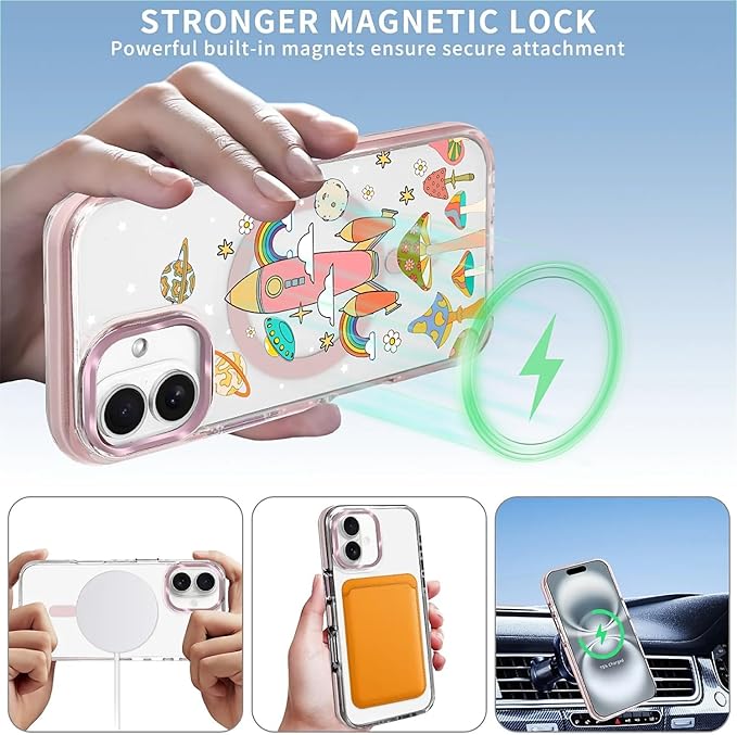 Case for iPhone 16 Plus,[Compatible with MagSafe],Spaceship Mushroom Phone Case Design，for Women Girls Magnetic Clear Cover - Slim, Sleek, & Shockproof Protection