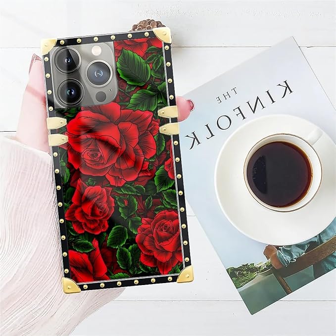 Compatible with iPhone 14 Pro Case, Vector Red Rose Green Leaf Luxury Golden Decoration for Girl Women Soft TPU Shockproof Protective Hard PC Back for iPhone 14 Pro