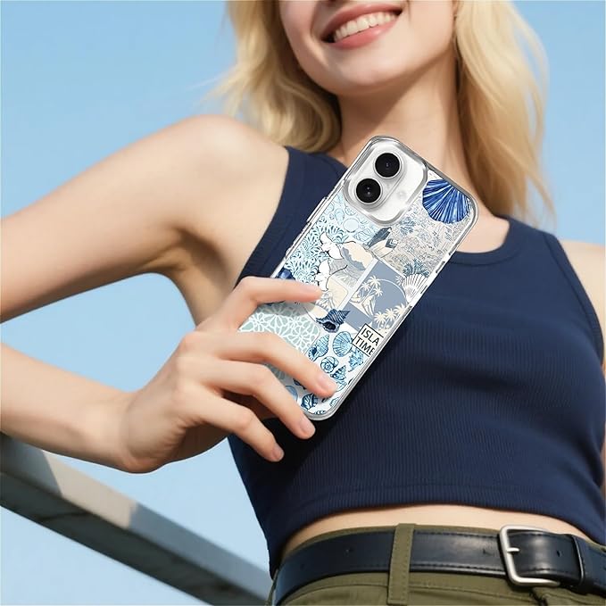 Case for iPhone 16,[Compatible with MagSafe],Sea Life Ocean Waves Seashell Collage Phone Case Design，for Women Girls Magnetic Clear Cover - Slim, Sleek, & Shockproof Protection