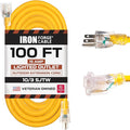 Iron Forge Cable Outdoor Extension Cord 100 Ft - 10 Gauge Heavy Duty Extension Cord, 15 AMP, 10/3 Yellow Power Cable SJTW Weatherproof with 3 Prong