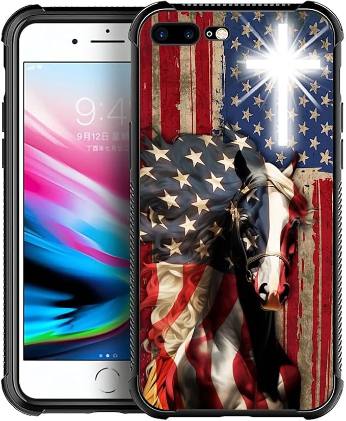 for iPhone 7/8 Case, Red American Flag Horse Cross Pattern Made of Soft Silicone Hard Acrylic Shock Protection for iPhone 7/8
