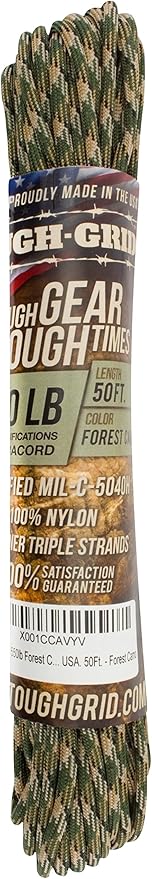 TOUGH-GRID 550 Paracord, Type III Mil-Spec Nylon Rope - 50 Ft Forest Camo Tactical Survival Cord