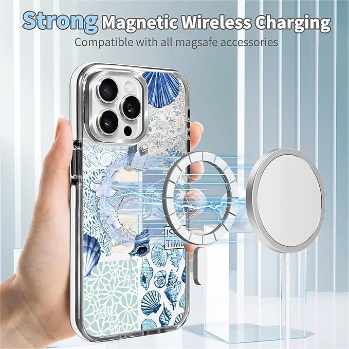 Case for iPhone 13 Pro,[Compatible with MagSafe],Sea Life Ocean Waves Seashell Collage Phone Case Design，for Women Girls Magnetic Clear Cover - Slim, Sleek, & Shockproof Protection