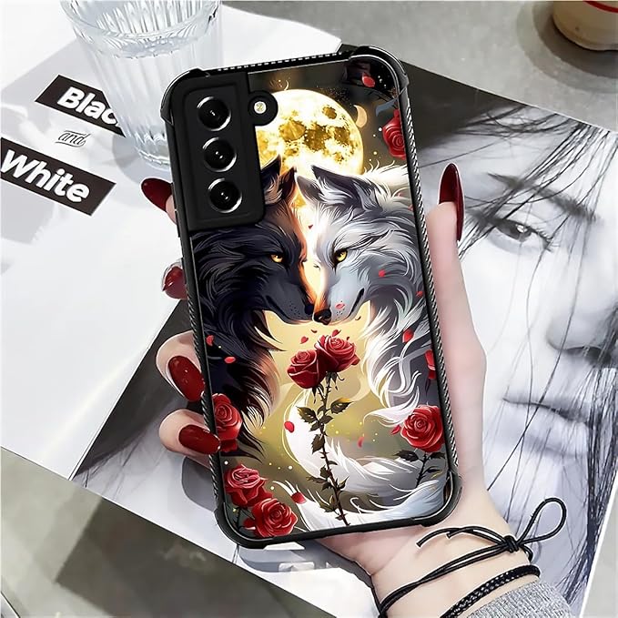 for Samsung Galaxy S21 Case, Black White Wolf Moon Flower Rose Pattern Graphic Design Girl Boy Soft Silicone Hard Acrylic Shock Protection for Samsung Galaxy S21