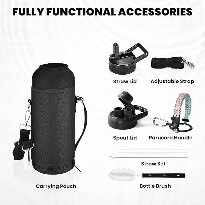 RAYMYLO Insulated Water Bottle 40 oz, Triple Wall Vacuum Stainless Steel (Cold for 36Hrs, Hot for 18Hrs), Leak Proof & Non-BPA, Modern Water Flask Jug with Paracord Handle & Straw Spout Lids
