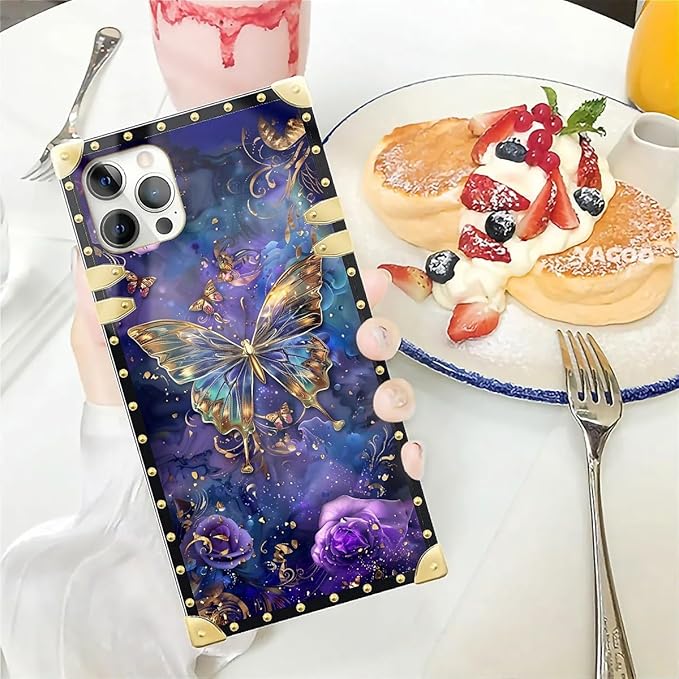 Compatible with iPhone 12 Case, Glistening Golden Butterfly Vibrant Purple Blue Luxury Golden Decoration for Girl Women Soft TPU Shockproof Protective Hard PC Back