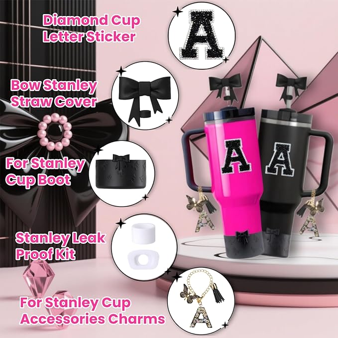 6pcs Black Stanley Cup Accessories Set, Bow Straw Topper for Stanley Cup 30oz 40oz, Including Straw Topper and Bow Silicone Boot, Stoppers Spill Proof, Handle Charm, Initials Sticker