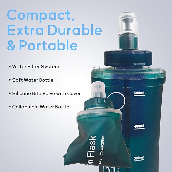 700ml Soft Flask Water Bottle, Collapsible Water Bottle with Filter, Perfect for Hiking, Backpacking, and Camping - Dark Green