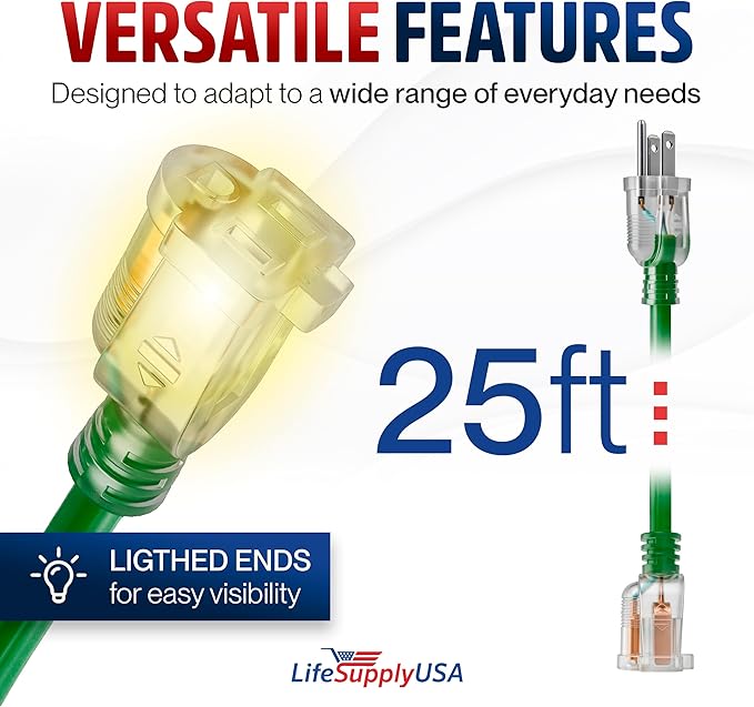 25ft Outdoor/Indoor Extension Cord 16/3 Gauge Heavy Duty 3 Prong SJTW, Waterproof, Flexible Cold-Resistant Long Power Cord,13A 125V 1625W, Green by LifeSupplyUSA