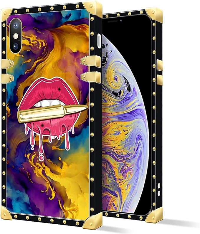 Compatible with iPhone XR Case, Cool Corlorful Lip Marble Luxury Golden Decoration for Girl Women Soft TPU Shockproof Protective Hard PC Back for iPhone XR
