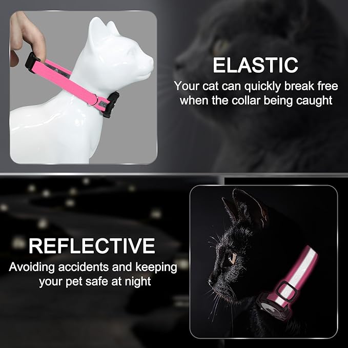 Reflective AirTag Cat Collar, Integrated Cat Tracker Collar with Air Tag Holder and Bell, Safety Elastic Band Cat GPS Collars for Girl Boy Cats, Kittens and Puppies (Hotpink,XS)